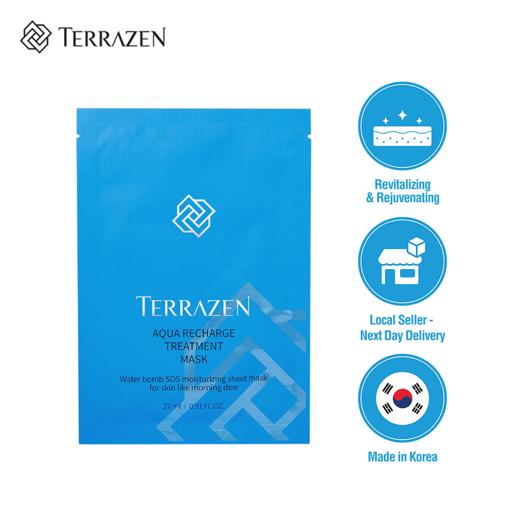 (Exp 08/25) Terrazen Aqua Recharge Treatment Mask 10pcs - Hydrating Hyaluronic facial water bomb treatment mask; enjoy endless moisture & barrier care - Bloom Concept