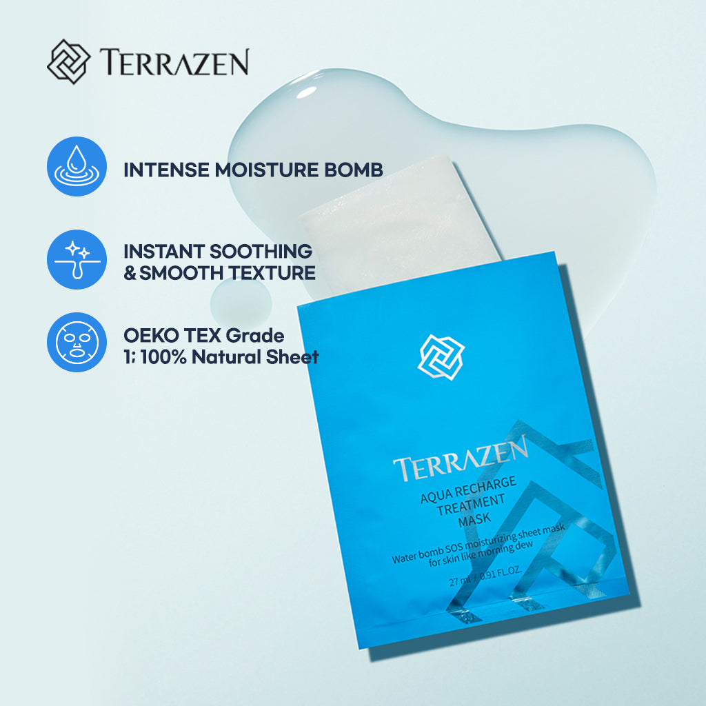 (Exp 08/25) Terrazen Aqua Recharge Treatment Mask 10pcs - Hydrating Hyaluronic facial water bomb treatment mask; enjoy endless moisture & barrier care - Bloom Concept